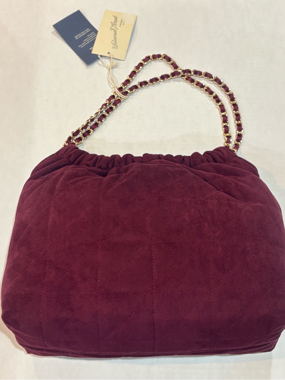 Faux Suede Shoulder Bag with Chain Strap - Burgundy